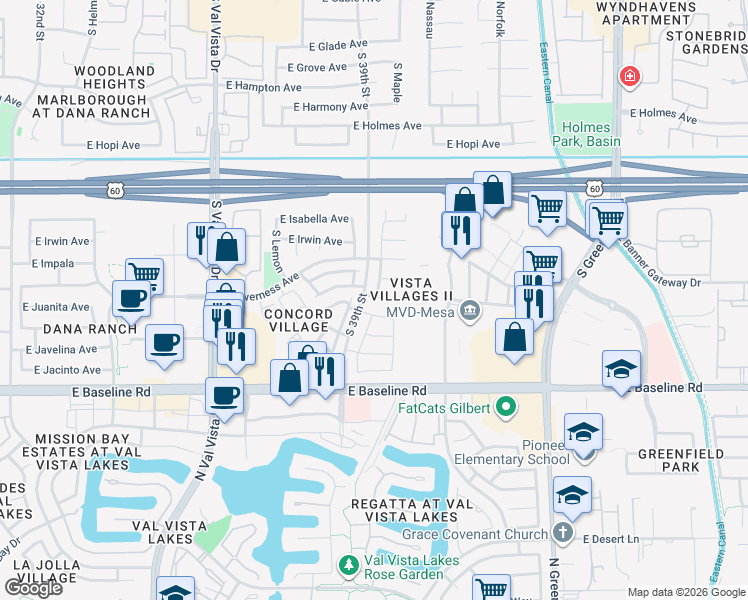 map of restaurants, bars, coffee shops, grocery stores, and more near 3 1811 South 39th Street in Mesa
