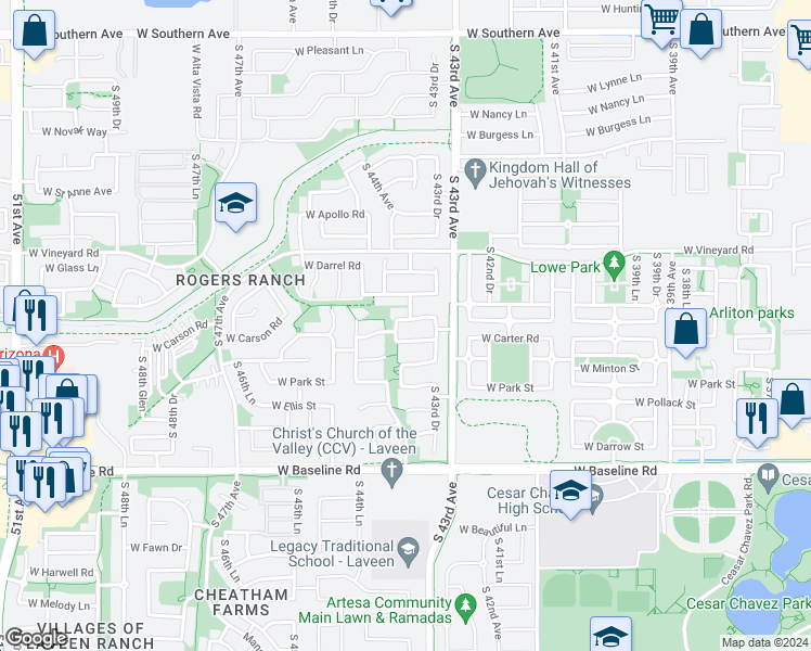 map of restaurants, bars, coffee shops, grocery stores, and more near 4337 West Irwin Avenue in Phoenix