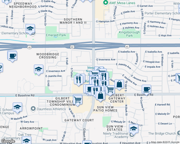 map of restaurants, bars, coffee shops, grocery stores, and more near 1953 E Inverness Cir in Mesa