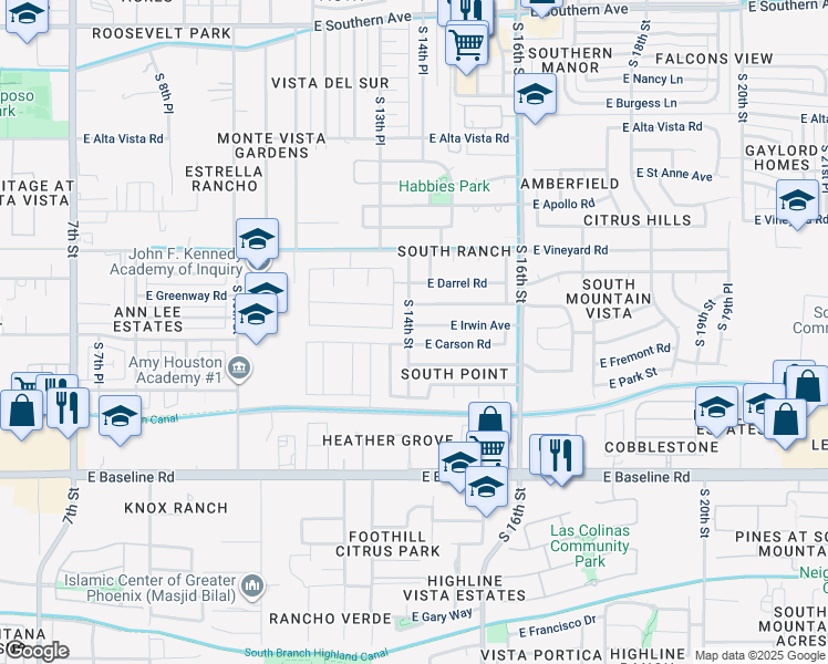map of restaurants, bars, coffee shops, grocery stores, and more near 1401 East Irwin Avenue in Phoenix