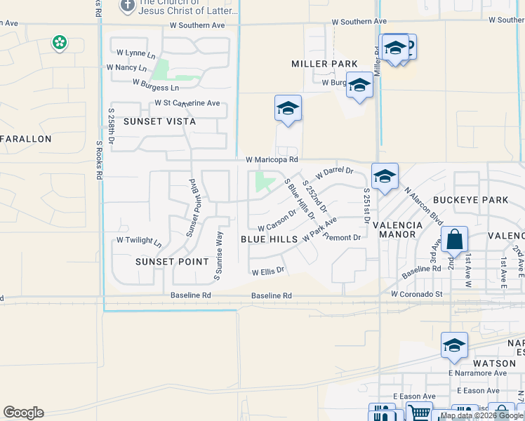 map of restaurants, bars, coffee shops, grocery stores, and more near 25414 West Maldonado Court in Buckeye