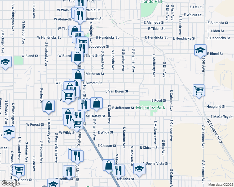 map of restaurants, bars, coffee shops, grocery stores, and more near 300-398 East Van Buren Street in Roswell
