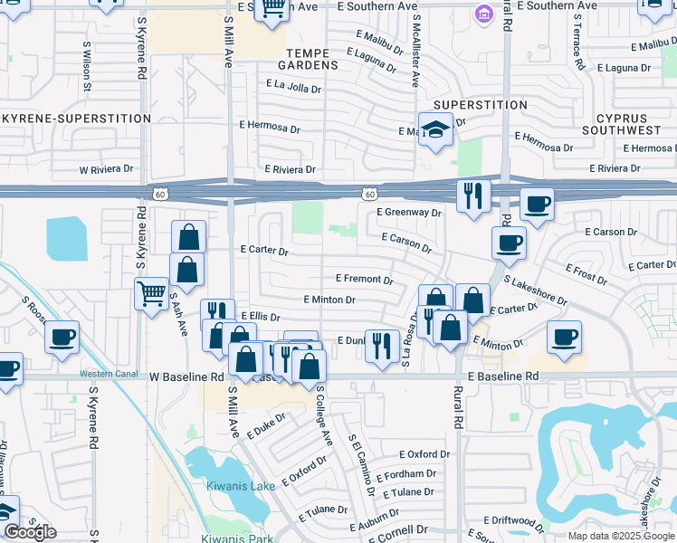 map of restaurants, bars, coffee shops, grocery stores, and more near 318 East Fremont Drive in Tempe