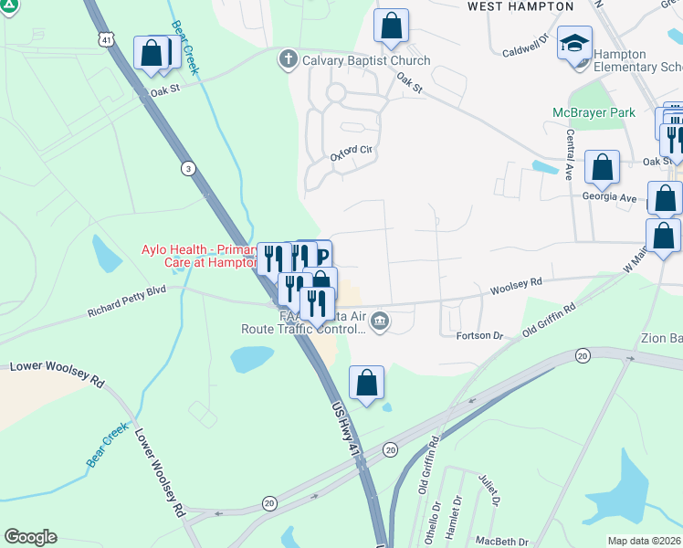 map of restaurants, bars, coffee shops, grocery stores, and more near 211 Nicki Court in Hampton