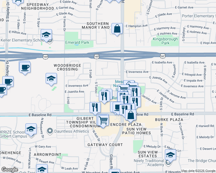 map of restaurants, bars, coffee shops, grocery stores, and more near 1905 East Inverness Avenue in Mesa