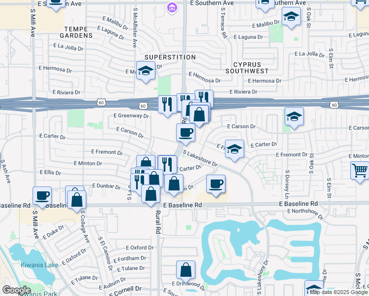 map of restaurants, bars, coffee shops, grocery stores, and more near 4475 South Rural Road in Tempe