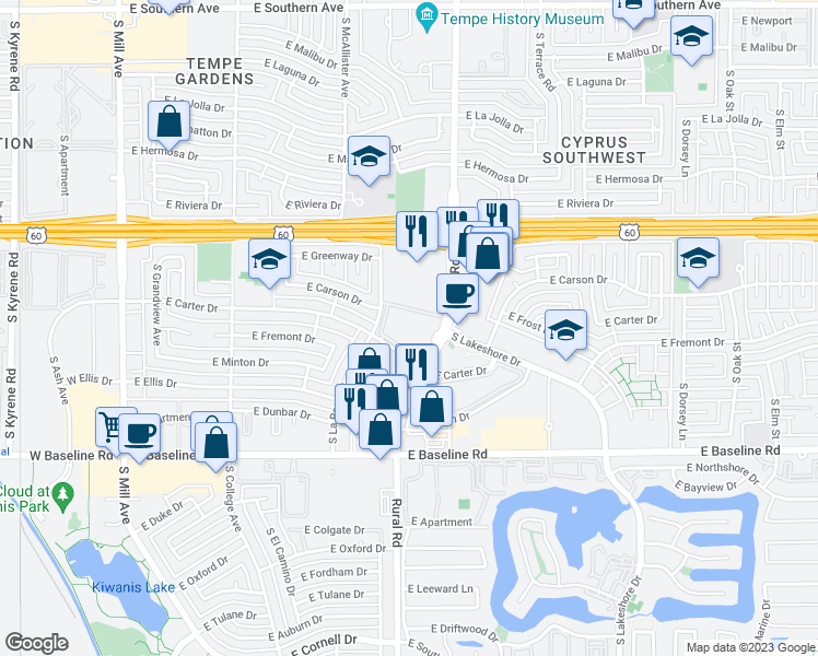 map of restaurants, bars, coffee shops, grocery stores, and more near 4540 South Rural Road in Tempe