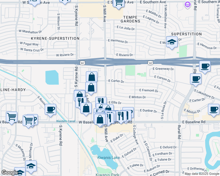 map of restaurants, bars, coffee shops, grocery stores, and more near 4633 South Mill Avenue in Tempe