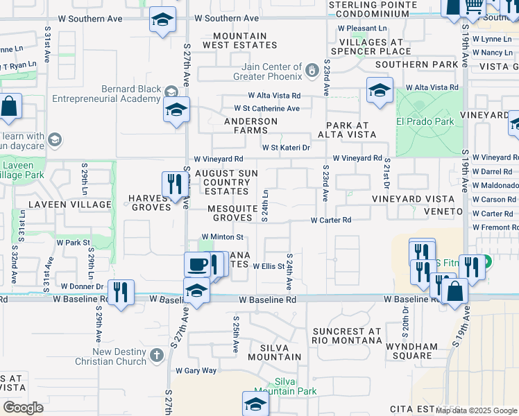 map of restaurants, bars, coffee shops, grocery stores, and more near 2425 West Carson Road in Phoenix