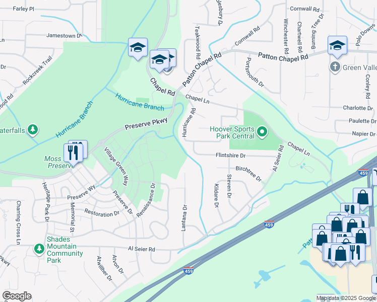 map of restaurants, bars, coffee shops, grocery stores, and more near 3406 Flintshire Drive in Birmingham