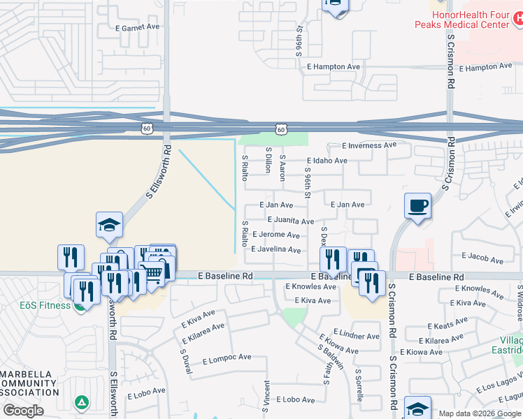 map of restaurants, bars, coffee shops, grocery stores, and more near 9439 East Jan Avenue in Mesa