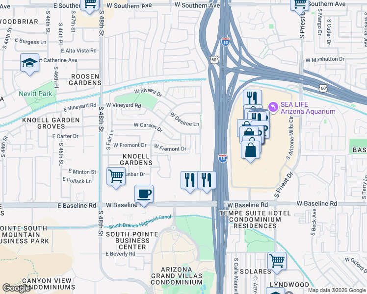 map of restaurants, bars, coffee shops, grocery stores, and more near 4619 South Filer Drive in Tempe