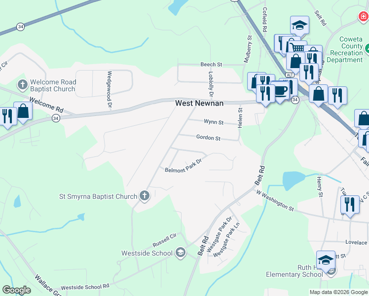 map of restaurants, bars, coffee shops, grocery stores, and more near 14 Belmont Park Lane in Newnan