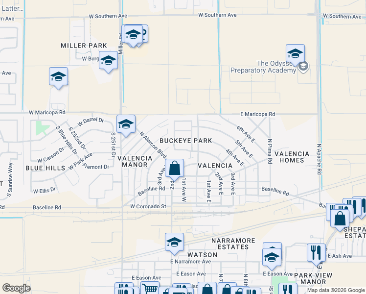 map of restaurants, bars, coffee shops, grocery stores, and more near 90 3rd Avenue West in Buckeye