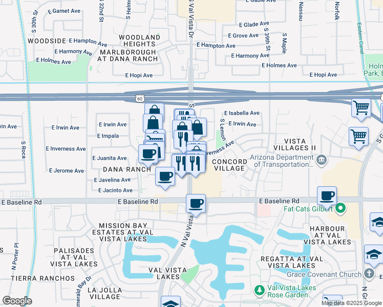 map of restaurants, bars, coffee shops, grocery stores, and more near S Val Vista Dr & E Inverness Ave in Mesa