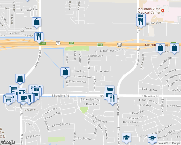 map of restaurants, bars, coffee shops, grocery stores, and more near 1817 South 96th Street in Mesa