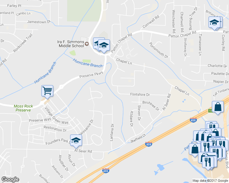 map of restaurants, bars, coffee shops, grocery stores, and more near 3406 Flintshire Drive in Birmingham
