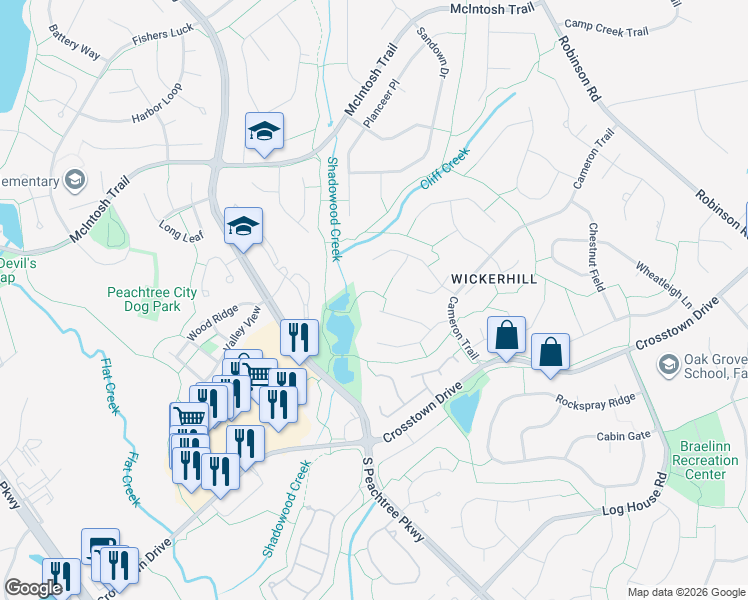 map of restaurants, bars, coffee shops, grocery stores, and more near 116 Rock Mull in Peachtree City