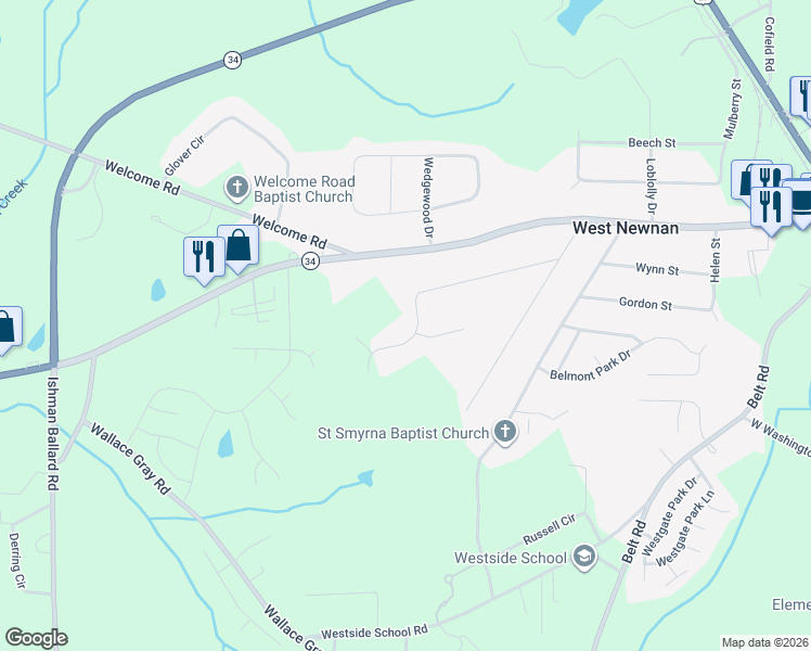 map of restaurants, bars, coffee shops, grocery stores, and more near 45 Thomas Way in Newnan