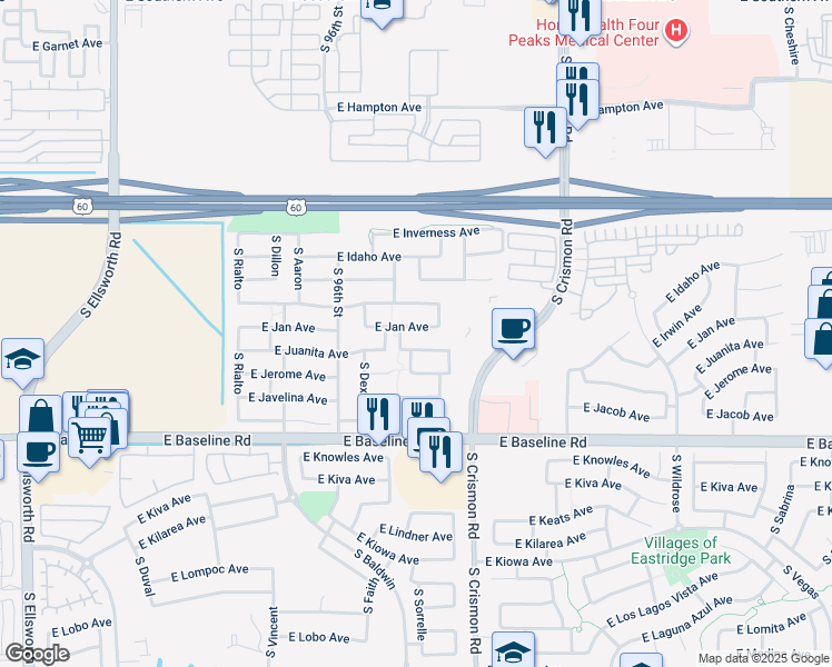 map of restaurants, bars, coffee shops, grocery stores, and more near 9721 East Jan Avenue in Mesa