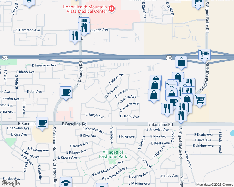 map of restaurants, bars, coffee shops, grocery stores, and more near 10340 East Jan Avenue in Mesa