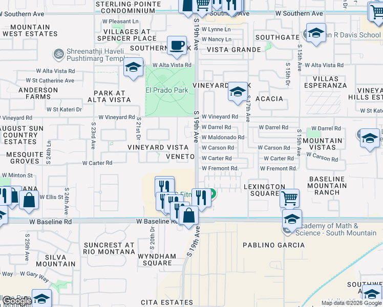 map of restaurants, bars, coffee shops, grocery stores, and more near 7019 South 19th Drive in Phoenix