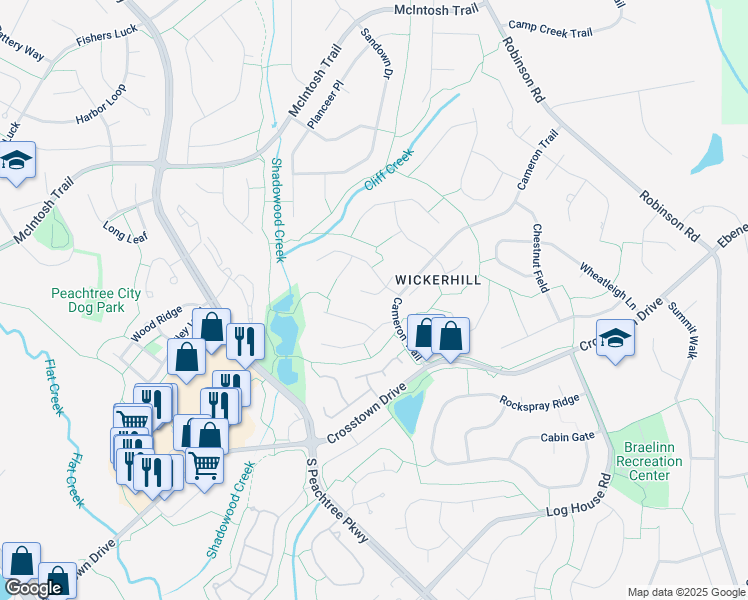 map of restaurants, bars, coffee shops, grocery stores, and more near 105 Dove Point in Peachtree City