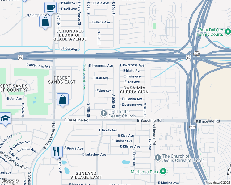 map of restaurants, bars, coffee shops, grocery stores, and more near 1802 South 80th Place in Mesa