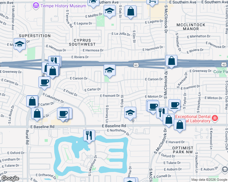 map of restaurants, bars, coffee shops, grocery stores, and more near 1321 East Carter Drive in Tempe
