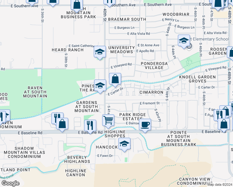 map of restaurants, bars, coffee shops, grocery stores, and more near 7027 South 40th Place in Phoenix