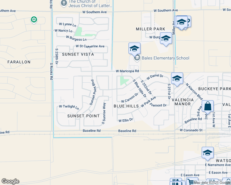 map of restaurants, bars, coffee shops, grocery stores, and more near 7056 South 254th Lane in Buckeye