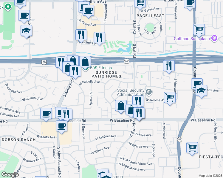map of restaurants, bars, coffee shops, grocery stores, and more near 937 West Impala Circle in Mesa