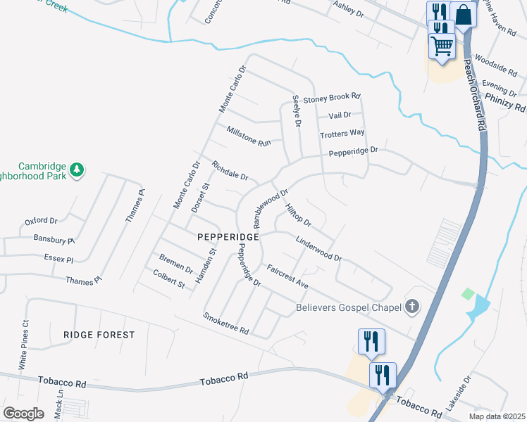 map of restaurants, bars, coffee shops, grocery stores, and more near 2210 Ramblewood Drive in Augusta