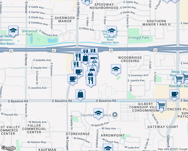 map of restaurants, bars, coffee shops, grocery stores, and more near 1721 South Stapley Drive in Mesa