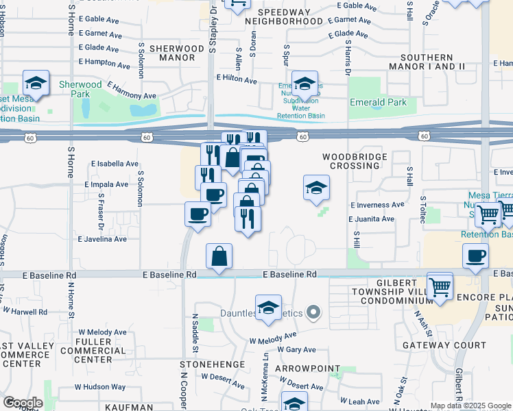 map of restaurants, bars, coffee shops, grocery stores, and more near 1721 South Stapley Drive in Mesa