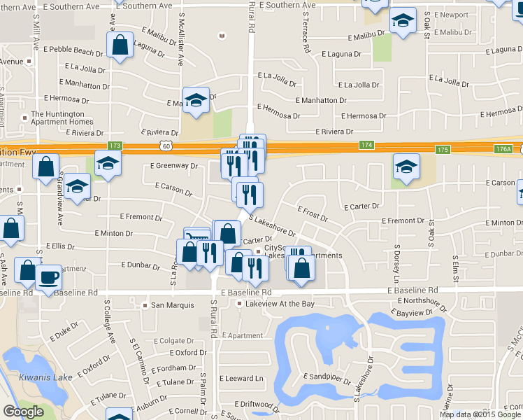 map of restaurants, bars, coffee shops, grocery stores, and more near 4515 South Lakeshore Drive in Tempe
