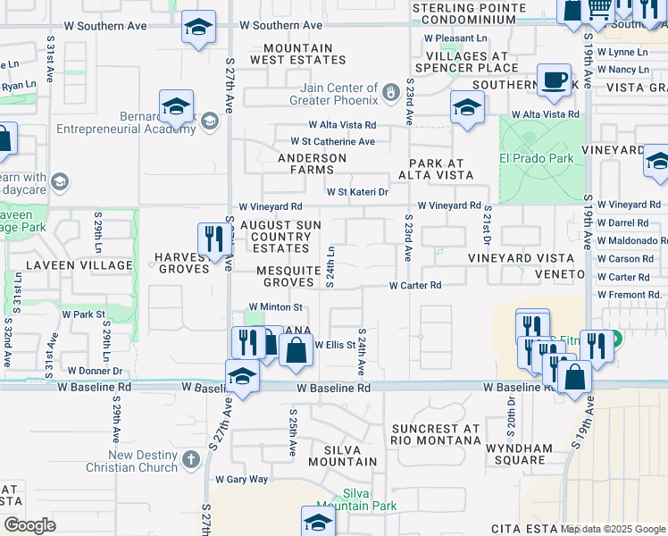 map of restaurants, bars, coffee shops, grocery stores, and more near 2425 West Carson Road in Phoenix