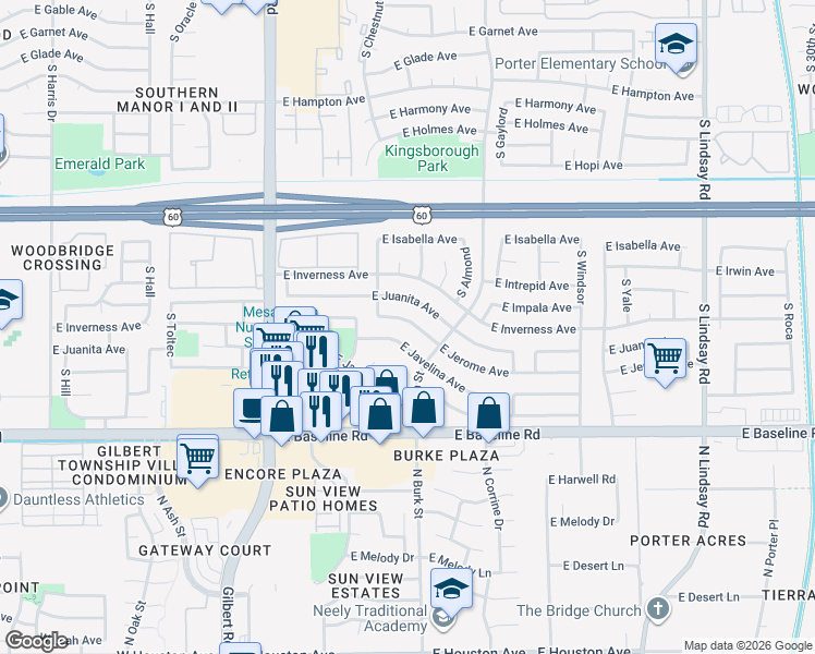 map of restaurants, bars, coffee shops, grocery stores, and more near 2237 East Jerome Avenue in Mesa