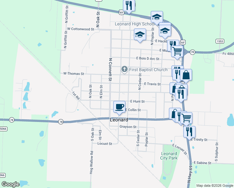 map of restaurants, bars, coffee shops, grocery stores, and more near 207 North Main Street in Leonard