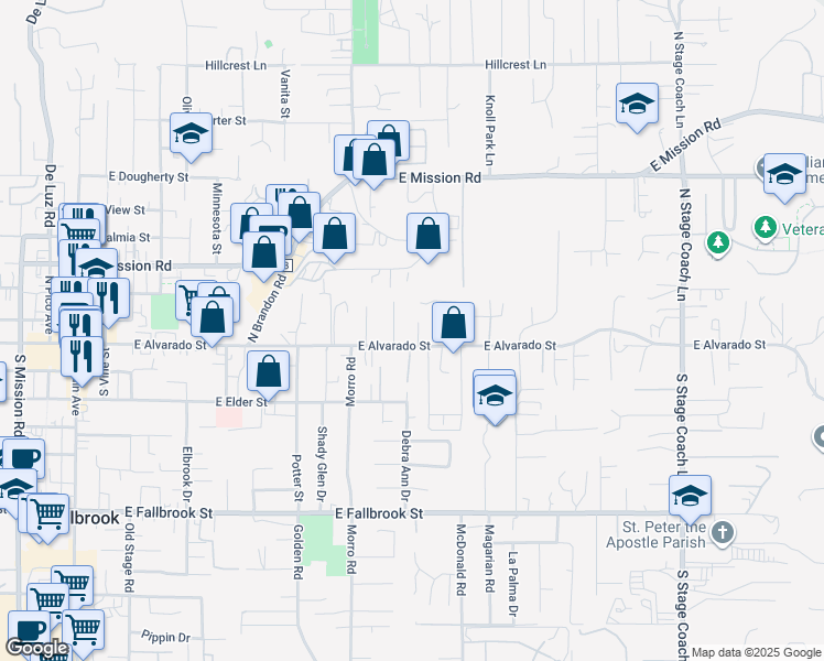 map of restaurants, bars, coffee shops, grocery stores, and more near 116 Alvarado Court in Fallbrook