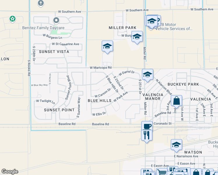 map of restaurants, bars, coffee shops, grocery stores, and more near 25330 West Carson Drive in Buckeye