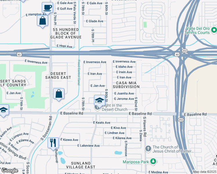 map of restaurants, bars, coffee shops, grocery stores, and more near 1802 South 80th Place in Mesa