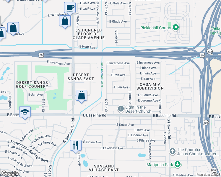 map of restaurants, bars, coffee shops, grocery stores, and more near 7829 East Jan Avenue in Mesa
