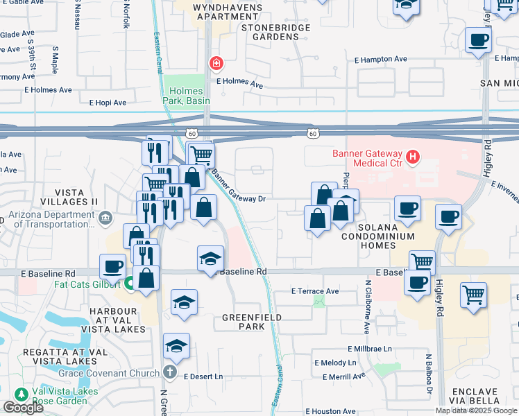 map of restaurants, bars, coffee shops, grocery stores, and more near 1825 South Old Greenfield Road in Mesa