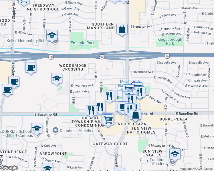 map of restaurants, bars, coffee shops, grocery stores, and more near 1816 East Inverness Avenue in Mesa