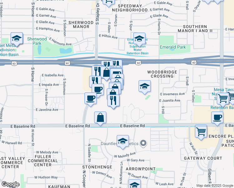 map of restaurants, bars, coffee shops, grocery stores, and more near 1649 S Stapley Dr in Mesa