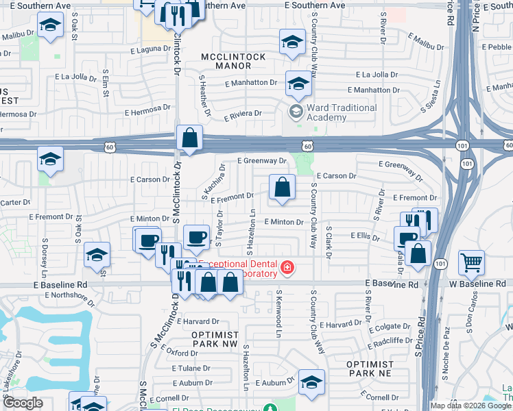 map of restaurants, bars, coffee shops, grocery stores, and more near 4271 South Hazelton Lane in Tempe