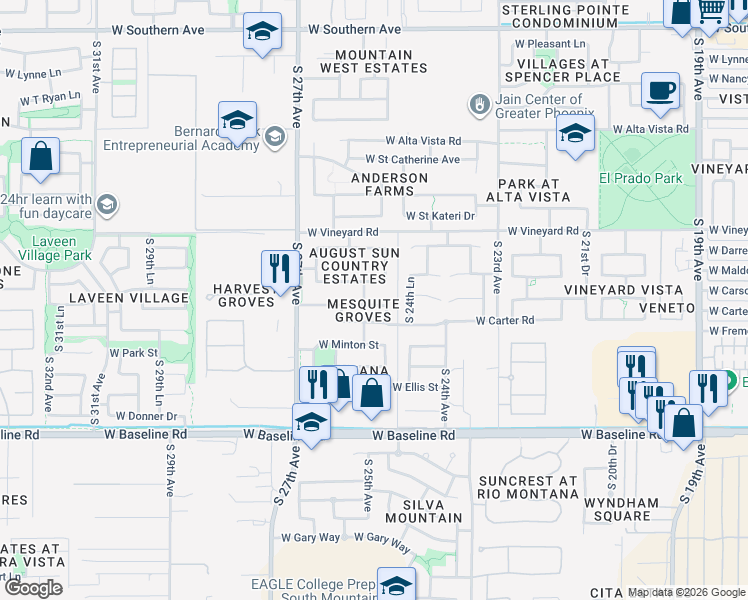 map of restaurants, bars, coffee shops, grocery stores, and more near 2514 West Carson Road in Phoenix