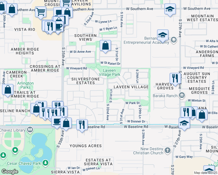 map of restaurants, bars, coffee shops, grocery stores, and more near 3144 West Carson Road in Phoenix