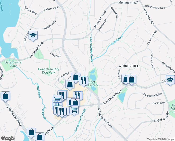 map of restaurants, bars, coffee shops, grocery stores, and more near 717 Peachtree Club Drive in Peachtree City